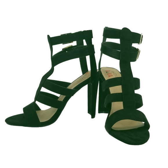 NIB Latin Diva Caged Buckle Heel Sandals Black Suede Size 9 - Picture 1 of 8